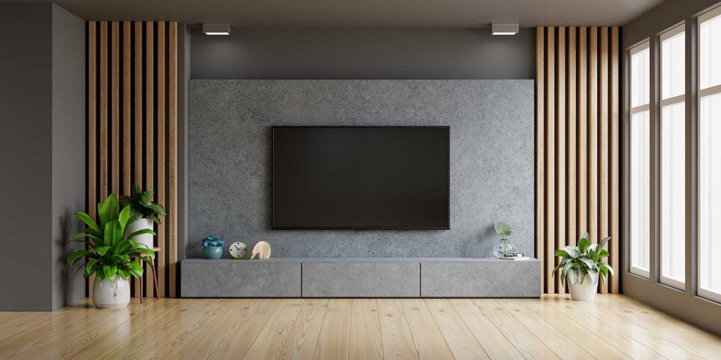 concrete,wall,mounted,tv,in,modern,living,room.3d,rendering